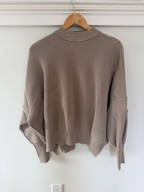 Free People Taupe Ribbed Cowl-Neck Oversized Sweater